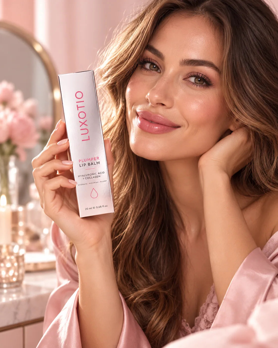 Modelo con producto y labios luminosos